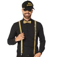 Foute Party Verkleedset - bretels/bril/strikje en pet/cap - goud/zwart - themafeest/Carnaval Foute Party Verkleedset - bretels/bril/strikje en pet/cap - goud/zwart - themafeest/Carnaval