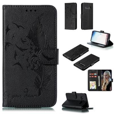 Feather patroon Litchi textuur horizontale Flip lederen draagtas met portemonnee & houder & kaartsleuven voor Galaxy S10 (zwart)