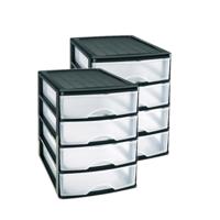 Plasticforte Ladeblok/bureau organizer met 4 lades - 3x stuks - zwart/transparant - L35 x B27 x H35