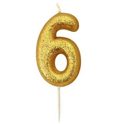 Nummerkaars &apos;6&apos; Glittergoud