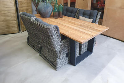 Tuinset Vinos - 4 verstelbare wicker stoelen met teakhouten tafel - Showmodel Wommelgem- - Steigerhout,Teak,Wicker- Sens-Line