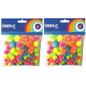 Knutsel pompoms - 150x -neon gekleurd - glitters - 0,8 tot 2,3 cm - Hobby decoratie materiaal