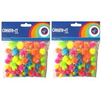 Knutsel pompoms - 150x -neon gekleurd - glitters - 0,8 tot 2,3 cm - Hobby decoratie materiaal