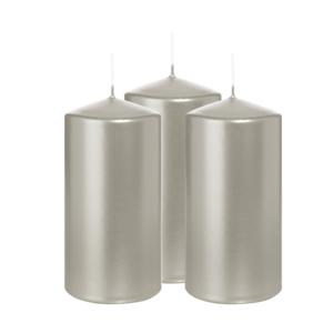 Cilinderkaars/stompkaars - 3x - metallic zilver - 12 x 6 cm - 33 branduren