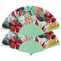 Handwaaier/spaanse waaier Flowers - 2x - groen - polyester - 40 x 23 cm - verkoeling/zomer