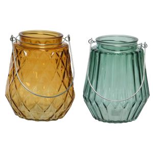 Set van 2x stuks theelichthouders/waxinelichthouders glas cognac en zeegroen 11 x 13 cm