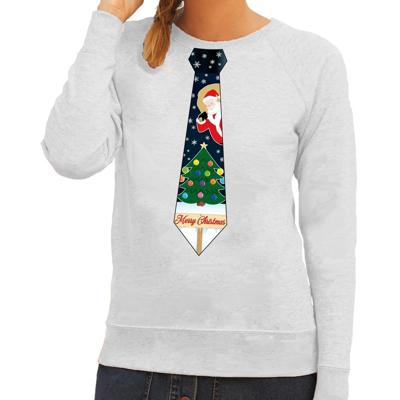 Bellatio Decorations Foute kersttrui - sweater - met stropdas kerst print - grijs - voor dames