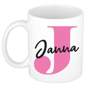 Naam mok Janna - roze - wit - keramiek - 300 ml - verjaardag/cadeau beker