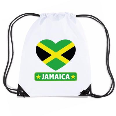 Jamaica thema sporttas - nylon rijgkoord rugzak - wit met hartjes vlag print - supporters