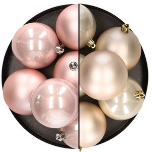 12x stuks kunststof kerstballen 8 cm mix van lichtroze en champagne   -