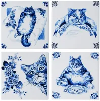 Heinen Delfts Blauw onderzetter keramiek luie kat 10x10x0.5cm delfts blauw 4 stuks