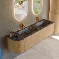 Badmeubel Mondiaz Kurve-Dlux | 165 cm | Meubelkleur Oak | Wastafelkleur Lava | Solid surface | Dubbele spoelbak | 2 kraangaten