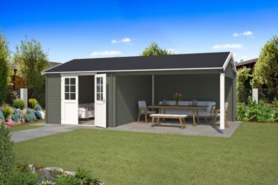 Outdoor Life Octavio Blokhut 700x400 cm 28 mm vuren Green Grey-Wit gecoat- Zadeldak- - Outdoor Life Outdoor Life Octavio Blokhut 700x400 cm 28 mm vuren Green Grey-Wit gecoat- Zadeldak- - Outdoor Life