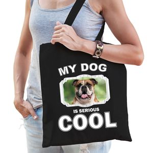 Katoenen tasje my dog is serious cool zwart - Britse bulldog honden cadeau tas