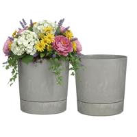 Mica Decorations Bloempot Coco - 2x - met onderschaal - betongrijs - H30 x D28 cm - kunststof