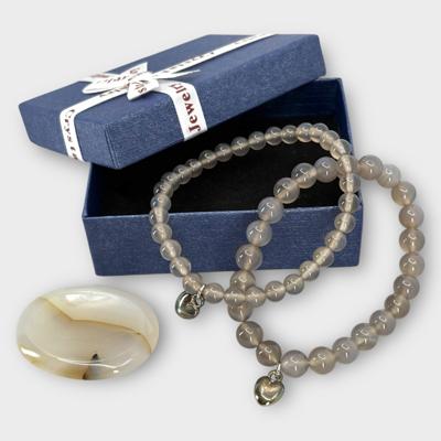 2 Grijze Agaat Kralen Armbanden incl. Edelsteen & cadeaudoosje
