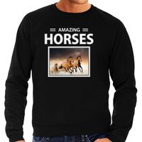 Bruine paarden sweater / trui met dieren foto amazing horses zwart voor heren - thumbnail