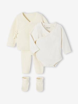 Babypakje 4-delige set in effen tricot vestje + broek + sloffen + body ecru