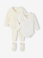 Babypakje 4-delige set in effen tricot vestje + broek + sloffen + body ecru