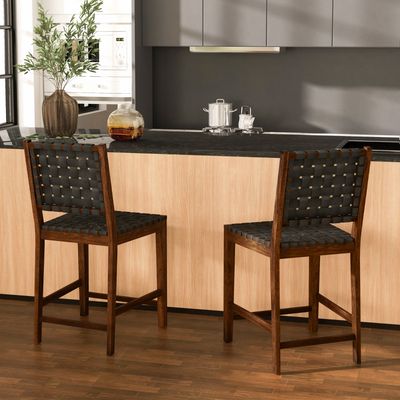 Gevlochten Stoelenset van 2 Houten Eetkamerstoelen met Ademende Rugleuning Bistrostoel met Voetsteun Geschikt voor Tafels van 88-99 cm