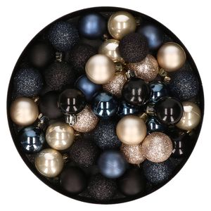 42x stuks kunststof kerstballen donkerblauw, champagne en zwart mix 3 cm - Kerstbal