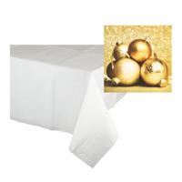 Kerst thema tafelkleed/tafellaken met servetten set goud en wit - Tafellakens - thumbnail