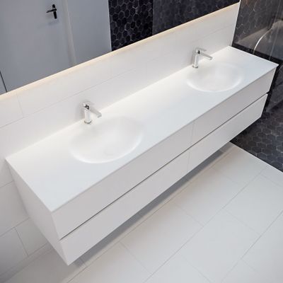 Mondiaz Vica Moon badmeubel wit mat 200 cm 4 lades solid surface dubbele spoelbak 2 kraangaten