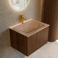 Badmeubel Mondiaz Kurve-Dlux | 60 cm | Meubelkleur Walnut | Wastafelkleur Saba | Solid surface | Wasbak midden spoelbak | 1 kraangat