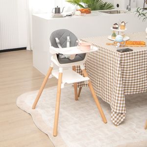 6 in 1 Converteerbare Kinderstoel met Verwijderbaar Dienblad Beukenhouten Eetstoel met 5-Puntsgordel Antislipmat 15kg Belasting