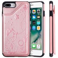 Voor iPhone 8 plus/7 plus Kat Bee reliëf patroon schokbestendige beschermende case met kaartsleuven & fotolijstjes (Rose goud)