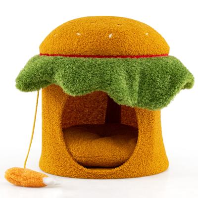 Zoet Kattenbed Hamburgervormig Kattenhuis met Gepolsterde Bovenste Zitplaats en Hangend Pluche Speelgoed Oranje