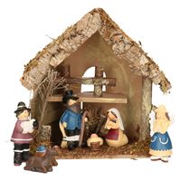 Complete kinder kerststal met 7x st kerststal beelden - 30 x 18 x 26 cm - hout/polyresin - thumbnail