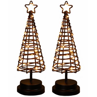 2x stuks verlichte figuren zwarte 3D lichtboompje/metalen boom/kerstboompje met 30 led lichtjes 30 c