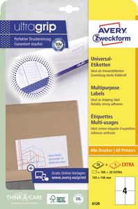 Avery Zweckform 6120, Universele etiketten, Ultragrip, wit, 25+5 vel,  4 per vel, 105 x 148 mm