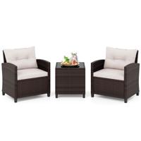 3-Delige Terrasmeubelset 1 Salontafel met Blad van Gehard Glas 4 Afneembare Kussens voor Veranda Balkon Tuin Zwembad