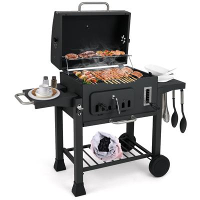 Vat-houtskoolgrill met 2 Opklapbare Zijtafels Buitenbarbecue met Opbergruimte & Wielen