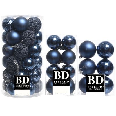 59x stuks kunststof kerstballen donkerblauw 4, 6 en 8 cm mix