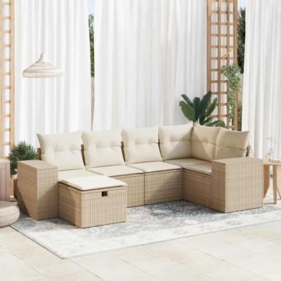 6-delige Loungeset met kussens poly rattan beige