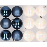 12x stuks kunststof kerstballen mix van donkerblauw en parelmoer wit 8 cm - Kerstbal - thumbnail