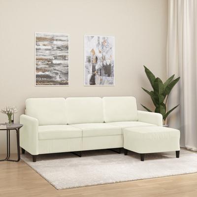 Driezitsbank met voetenbank 180 cm fluweel crèmekleurig