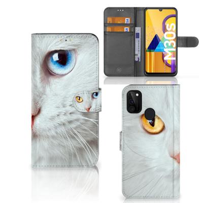 Samsung Galaxy M21 | M30s | Telefoonhoesje | Met pasjeshouder | Witte Kat