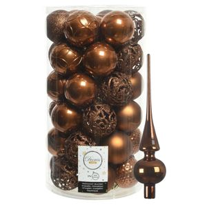 37x stuks kunststof kerstballen 6 cm incl. glanzende glazen piek kaneel bruin