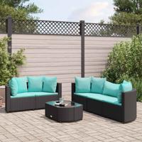 6-delige Loungeset met kussens poly rattan zwart