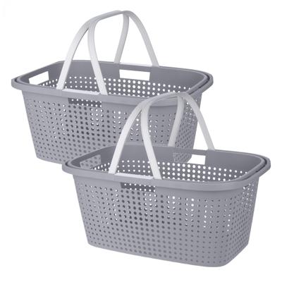 Wasmand met hengsel - 2x stuks - 38 liter - 60 cm - grijs/wit - Draagwasmanden - Wasgoedmand
