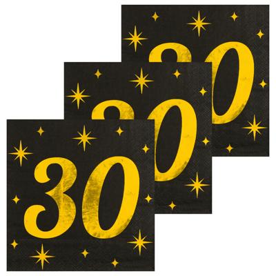 Verjaardag feest servetten - leeftijd 30 jaar - 48x stuks - zwart/goud - sterren - 33 x 33 cm