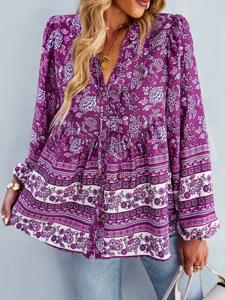 Casual V Neck Floral Loose Shirt