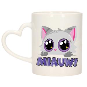 Cadeau koffie/thee mok - poes/kat - Miauw - paars - hartjes oor - keramiek - poesje