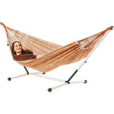 Eenpersoons hangmat met metalen standaard - 300x140cm - Oranje - 120kg draagkracht- 100% katoen - binnen & buiten