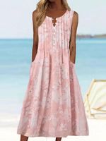 V Neck Buttoned Floral Vacation Dress - thumbnail