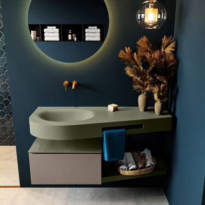 MONDIAZ RIVA 120cm badmeubel onderkast / planchet kleur Smoke met 1 lade. Wastafel DULCET links 0 kraangaten kleur Army. MONDIAZ RIVA 120cm badmeubel onderkast / planchet kleur Smoke met 1 lade. Wastafel DULCET links 0 kraangaten kleur Army.